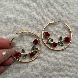Gold Hoop Earrings with Red Rose Accents